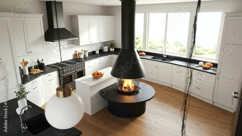 Modern Kitchen Design with Central Fireplace and White Cabinets.