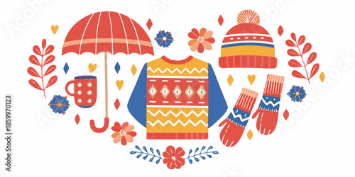 A colorful arrangement of autumn and winter accessories in a heart shape