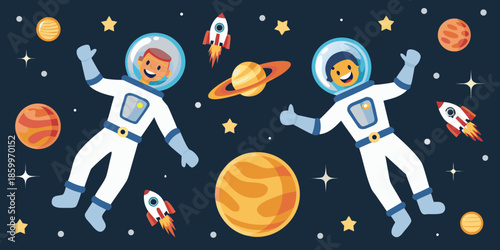 Two astronauts joyfully explore a vibrant and colorful space scene with planets