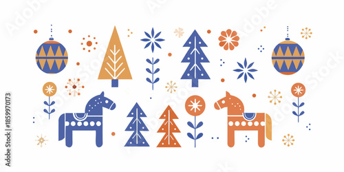 Festive nordic christmas decorations featuring trees ornaments and wooden horses