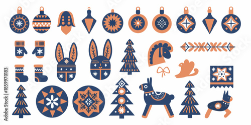 Festive collection of stylized ornaments mittens and folklore inspired winter symbols
