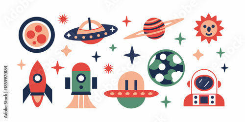 Colorful cartoon illustration of planets rockets and space elements for kids
