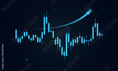 A massive upward arrow pierces the final peak, representing breakthrough business success. Dark starry background evokes nighttime trading sessions and global markets