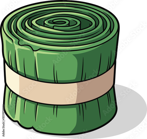 A cartoon illustration of a rolled green fabric bandage or mat secured with a beige paper band.