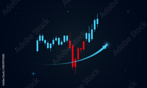 Neon blue candlesticks create a futuristic dashboard feel for stock analytics. Smooth curved trends highlight volatility turning into sustained upward momentum