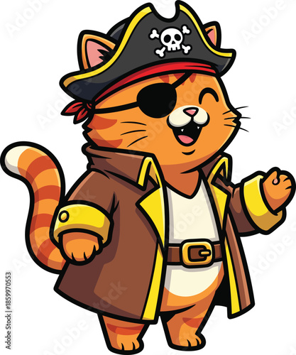 A cheerful cartoon orange tabby cat dressed as a pirate wearing an eyepatch and a skull hat.