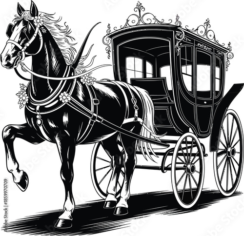 Elegant horse drawn carriage silhouette illustration in vector art design