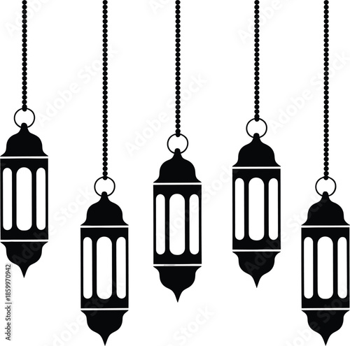 Set of black ramadan kareem lantern for muslims celebrate night isolated on white