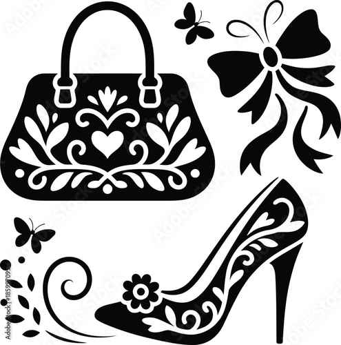 Set of elegant woman accessories like bag butterfly bow and high heel shoe design