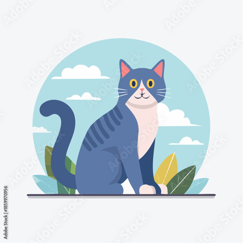 Cute black cat cartoon silhouette sitting with a heart and a mouse illustration featuring a funny kitten and feline love art design