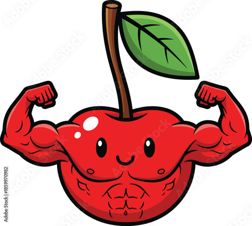 A cute smiling red cherry cartoon character with a muscular body flexing its strong arms and biceps.