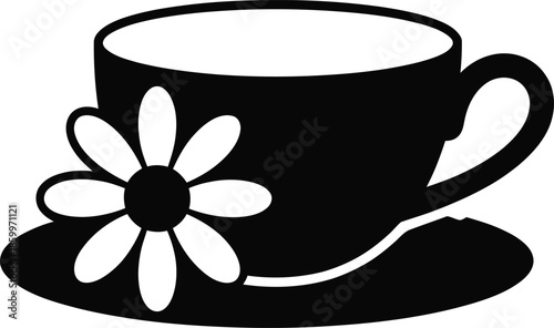 Teacup with Flower Silhouette Vector Design Black and White Simple Illustration