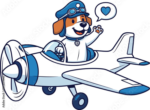 A friendly cartoon beagle pilot in a blue hat waving from a white and blue propeller airplane.