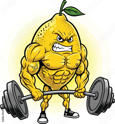 A muscular cartoon lemon character with an angry face lifting a heavy barbell.