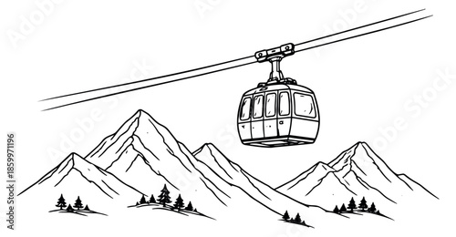 Hand drawn line art illustration of a cable car and mountains depicting a scenic winter landscape for travel and outdoor adventure