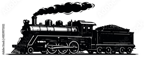 Vintage line art illustration of a steam train depicting a locomotive emitting smoke for historic transportation design