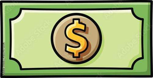 A simple cartoon illustration of a green dollar bill featuring a prominent yellow dollar sign inside a central circle.