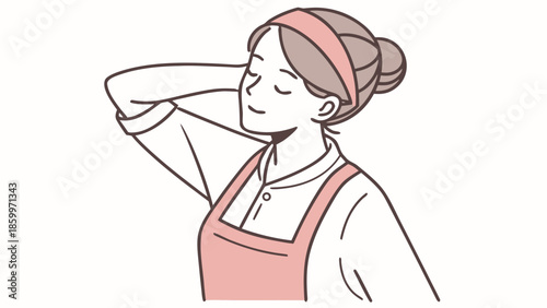 Woman wearing apron and headband with eyes closed, relaxed expression.