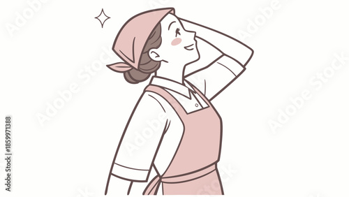 A happy woman wearing an apron and headscarf looks up with a sparkling clean feeling.
