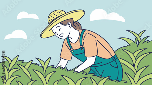 A smiling woman in a straw hat and overalls happily tending to green plants in a field under a blue sky with clouds, illustrating farming or gardening.