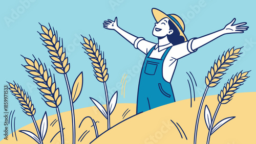 A joyful farmer with arms outstretched in a golden wheat field under a clear blue sky.