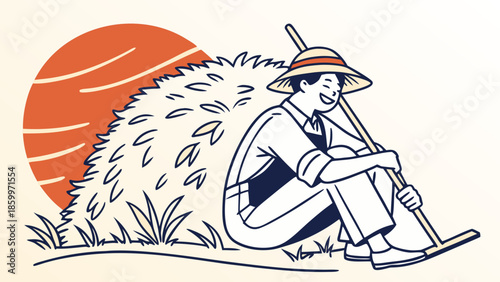 A farmer in overalls and a straw hat rests against a haystack with a rake, under a setting sun.