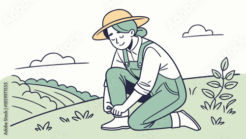 An illustration of a woman in a straw hat and overalls kneeling in a field, adjusting her boot, with rolling hills in the background.