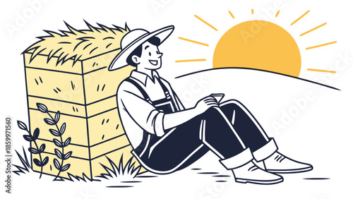 A farmer in overalls and a straw hat relaxes by a haystack under a bright sun.