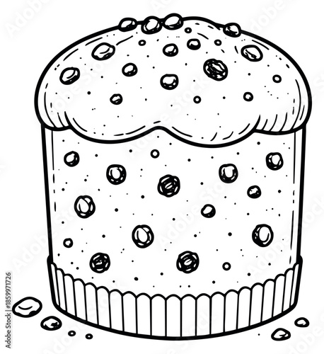 Hand drawn line art illustration of a festive sweet bread depicting a holiday dessert with dried fruit and nuts for celebration designs