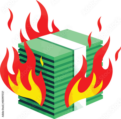 A thick stack of green paper money with a white band engulfed in vibrant red and yellow flames.