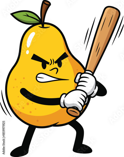 Angry cartoon pear mascot with a determined expression swinging a wooden baseball bat.