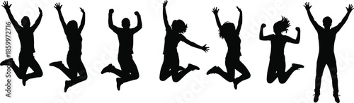 Silhouette group of happy people jumping together, celebrating freedom, success, teamwork, youth energy, happiness, motivation, and positive lifestyle concepts
