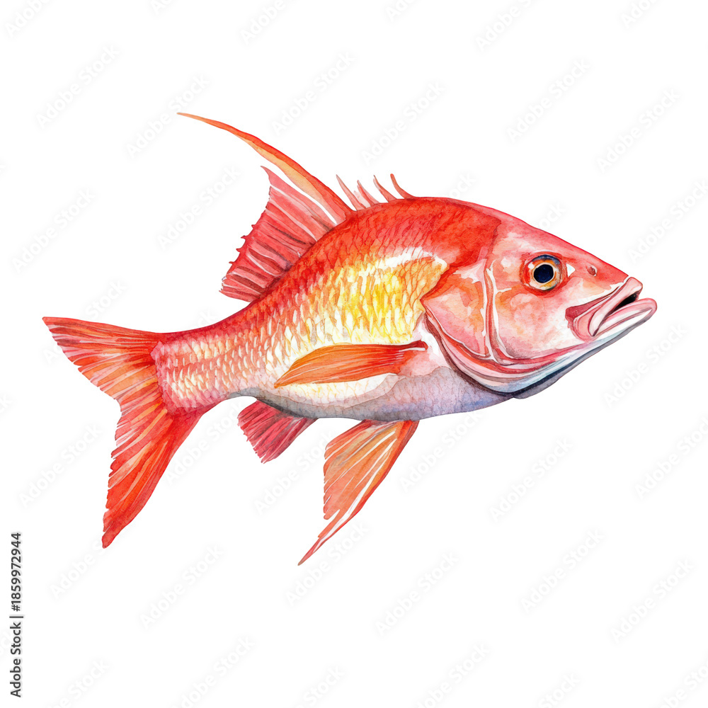 Fototapeta premium Watercolor illustration of red snapper fish on transparent background