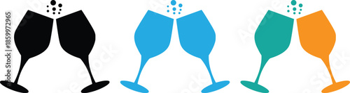 A vibrant collection of stylized wine glasses clinking in a cheerful toast, symbolizing celebration vector set