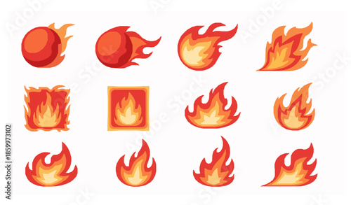 Cartoon fireball and square flame vector collection with animated fiery shapes