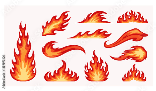 Animated cartoon wildfire and fiery flame vector set with intense heat and motion