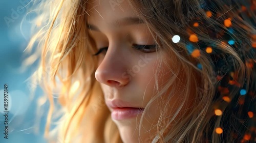 Dreamy Close Up Portrait of Young Woman with Soft Bokeh Lights
