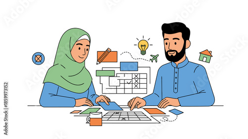 Business Collaboration Between a Muslim Woman and a Man Analyzing Project Data in a Modern Office