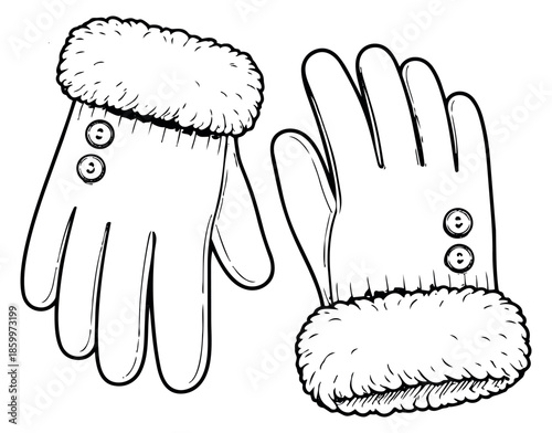 Hand drawn line art winter gloves set featuring furry cuffs and buttons for cold weather fashion