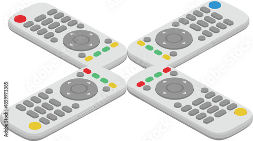Isometric TV Remote Control Vector Set Showing Multimedia Controller for Television, Home Entertainment, and Electronics Design