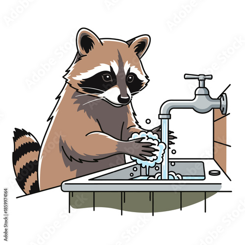 Raccoon washing hands with soap and water in a sink
