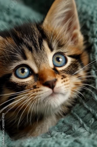Adorable Kitten Close Up with Blue Eyes and Soft Fur Texture
