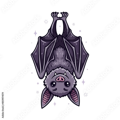 Cute cartoon bat hanging upside down with sparkles around