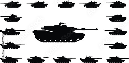 Battle tank silhouettes set, modern armored military vehicles isolated on white background for defense warfare design projects branding illustration commercial