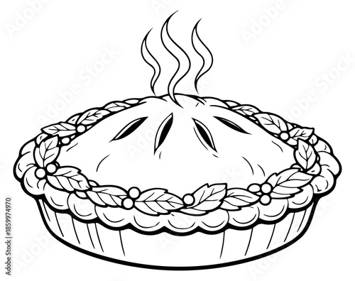 Hand drawn line art illustration of a steaming pie depicting fresh baking for a festive dessert