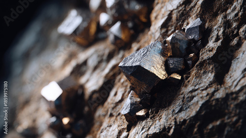 Wallpaper Mural High Detail Cinematic Macro Photography of Metallic Crystals on Rock Surface in Natural Setting Torontodigital.ca