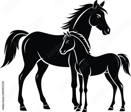 Silhouette Of A Mother Horse And Her Foal Standing Together In A Field