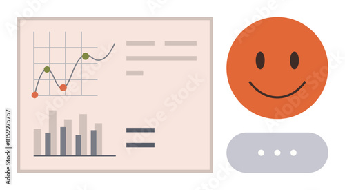 Bar chart, line graph, and happy face symbolizing analytics and good results. Ideal for business insights, customer satisfaction, performance tracking, positive feedback, progress, reporting simple