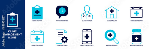 Clinic Management Blue Colored Outline Icon Set