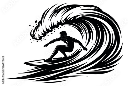 Black and white illustration of a surfer depicting riding a powerful ocean wave for summer water sports